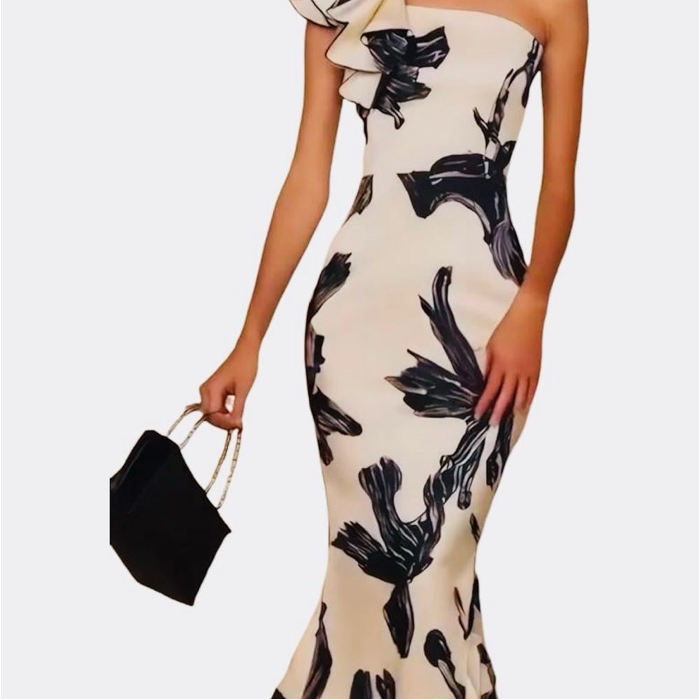 One shoulder Black and White Floral Dress